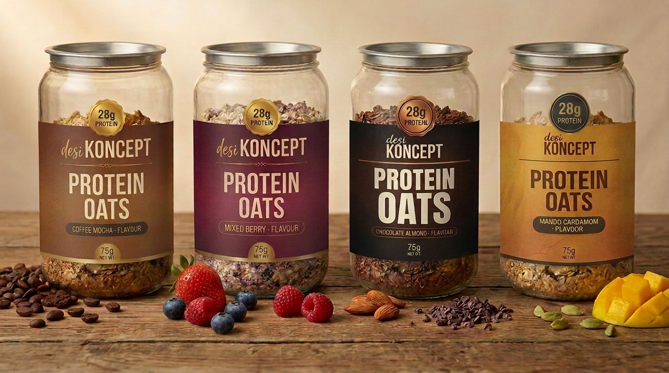 DesiKoncept protein oats — four jars in a premium lineup: Coffee Mocha, Mixed Berry, Chocolate Almond, and Mango Cardamom